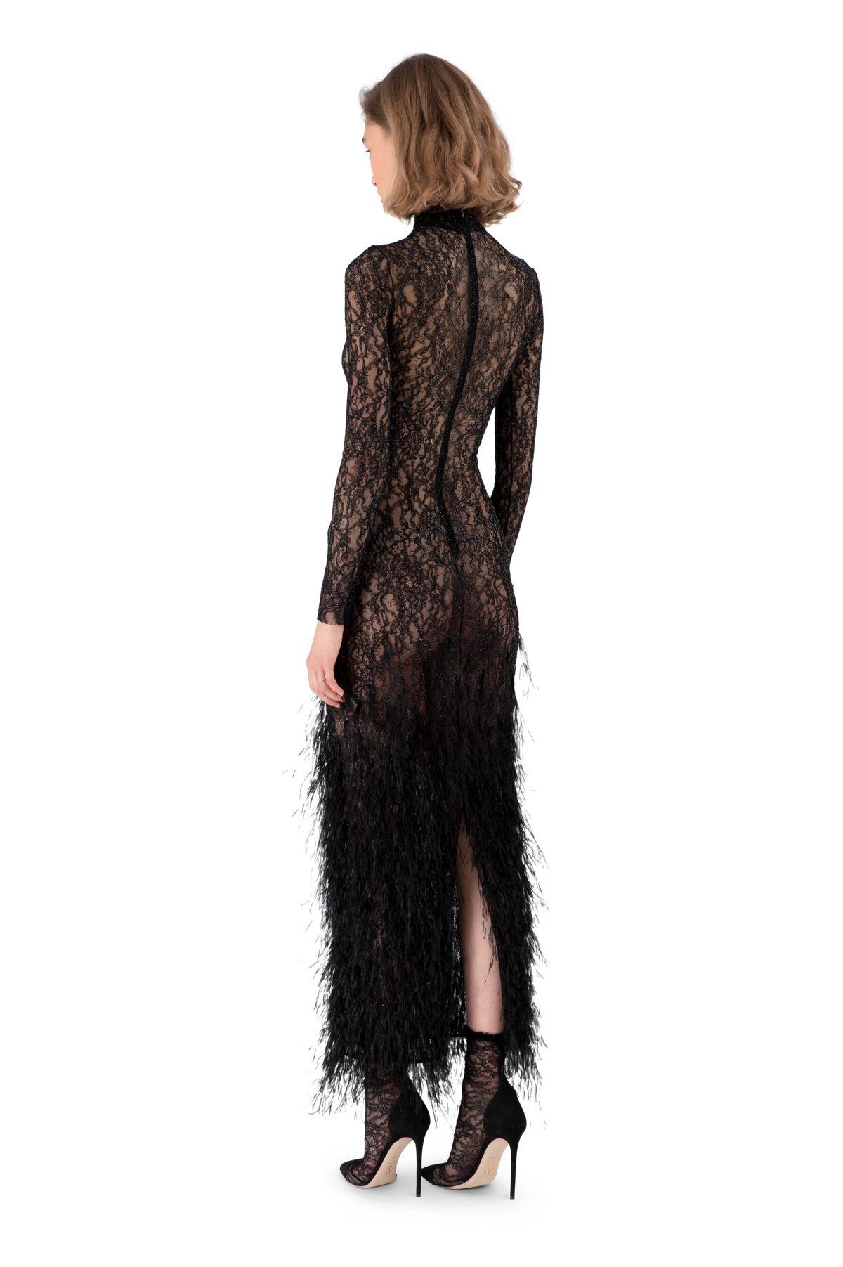 Black Lace Feather Embroidered Fitted Midi Dress
